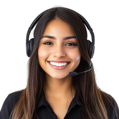 Smiling call center operator with headset provides telephone customer support isolated on transparent background