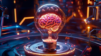 Neon Glowing Light Bulb with 3D Brain Visualization in a Futuristic Digital Environment