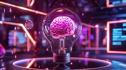 3D Glowing Light Bulb with Neon Brain and Futuristic Digital Elements in a High-Tech Environment