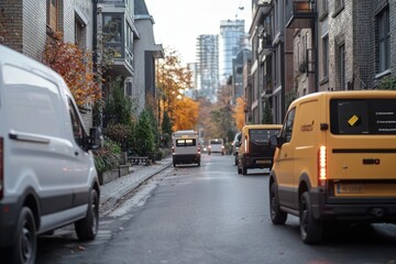 Fototapeta premium A city street with multiple autonomous delivery vehicles parked at different addresses. Their digital screens display real-time delivery status