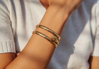 Elegant gold bracelets on a womans wrist