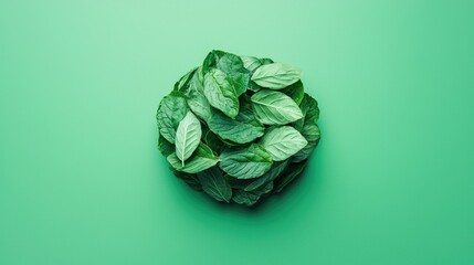 Fresh Green Leaves Piled on a Vibrant Green Background