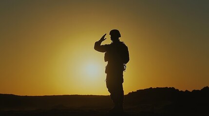 Soldier saluting in silhouette against sunset, embodying honor and resilience.