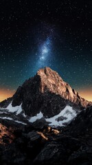 Snow-capped mountain peak under starry night sky with Milky Way galaxy visible, surrounded by rocky terrain.