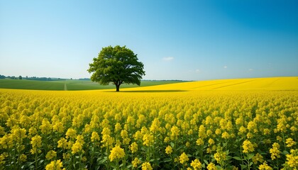 A stunning landscape featuring a vast canola field in full bloom, with a solitary green tree standing against a bright blue sky, evoking peace and serenity.