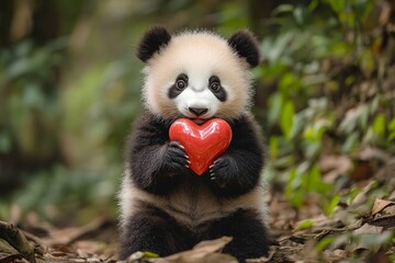 Fototapeta premium Panda - my cherished animal. Cute panda baby with diamond red heart on in a natural habitat. Commercial animal creative design idea. Passionate love in wildlife. Wildlife in love. Wild love.