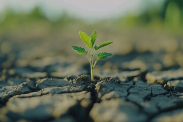 Sapling sprouting, dry cracked earth, sunlight, growth, environmental conservation