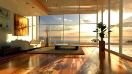 Fototapeta premium Luxury Coastal Living Room at Sunset