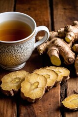 composition of cup of ginger tea and roots on a neutral background