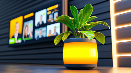 Illuminated Indoor Plant Pot Next to Louvered Window Displaying Online Video Meeting on Wall Mounted TV
