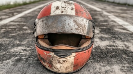 Worn racing helmet on a textured surface with a vintage look.