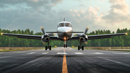 Twin Engine Aircraft Landing on Runway with Approach Lights and Trees Under Cloudy Sky Scenery