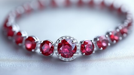 Close-up of a luxury ruby bracelet with diamonds on a silver chain. Generative AI
