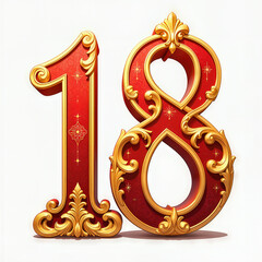 A decorative number 18 in red and gold, featuring intricate patterns, celebrating an 18th birthday on a white background.
