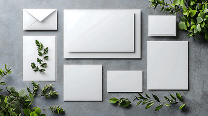 Elegant letterhead and business cards arranged with greenery on gray background