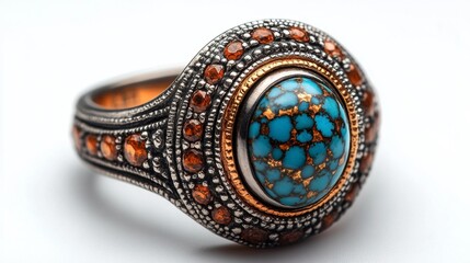 Fototapeta premium Close-up of an antique ring with turquoise and orange gemstones. Generative AI