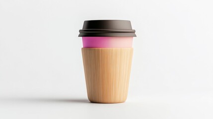 Bamboo Coffee Cup with Pink and Black Lid on a White Background. Generative AI