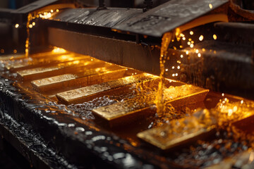 Gleaming gold bars being produced in a molten metal setting.