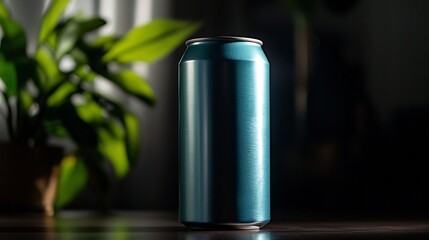 Obraz premium Closeup Of A Tall Light Blue Aluminum Can Against Dark Background Studio Shot