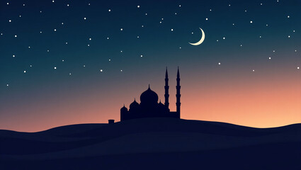 Peaceful Ramadan Kareem Illustration with Crescent Moon and Mosque at Twilight