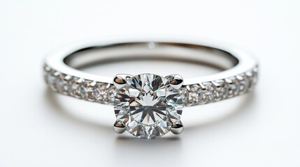 Close-Up of a Diamond Ring with Sparkling Stones on a White Background. Generative AI