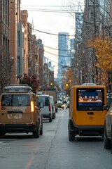 Fototapeta premium A city street with multiple autonomous delivery vehicles parked at different addresses. Their digital screens display real-time delivery status