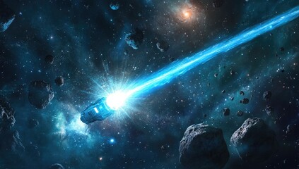 Obraz premium Cosmic laser blast through asteroid field