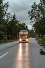 Fototapeta premium A driverless mail truck with solar panels on its roof moves along a countryside road. The vehicle's sensors track obstacles ahead