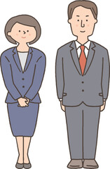 正面を向いて立つスーツ姿の男女