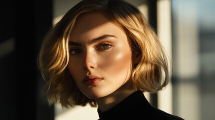 Confident young businesswoman in a modern office, exuding professionalism and focus.