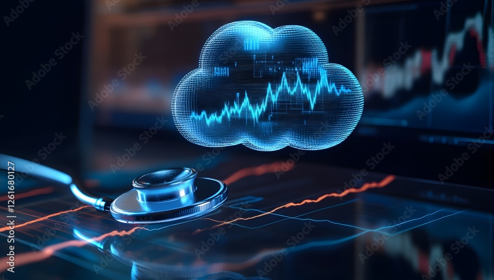 Poster cloud computing in healthcare, digital stethoscope on charts