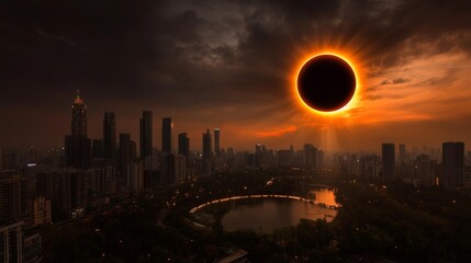 City Skyline During Solar Eclipse with Dark Sun in the Sky. Generative AI