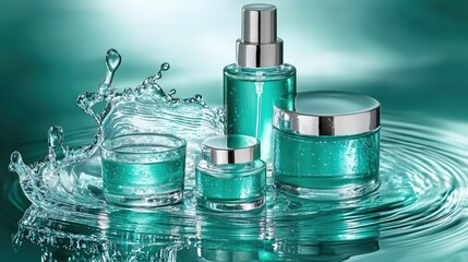 Refreshing Skincare Products with Water Splash on Aqua Background