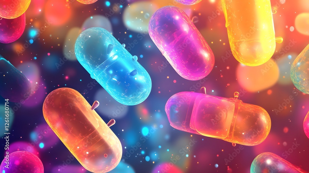 Sticker colorful vibrant capsules floating in a multicolored abstract background