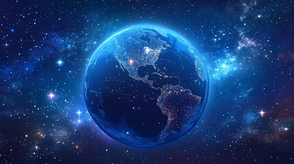 Earth seen from space with city lights and a starry background of galactic beauty