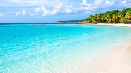 Sandy beach with crystal clear turquoise sea and sky, perfect vacation getaway, beach, nature, idyllic