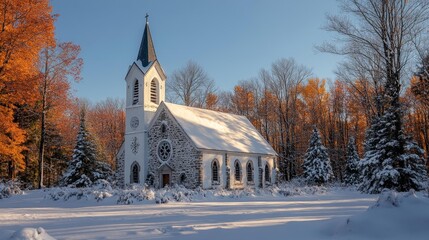 Snow Covered Church in a Beautiful Winter Landscape. Generative AI