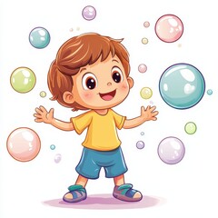 Happy Child in Cartoon Style Playing with Colorful Bubbles