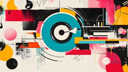 Obraz premium Abstract graphic design of a record, vibrant colors, musical notes in background