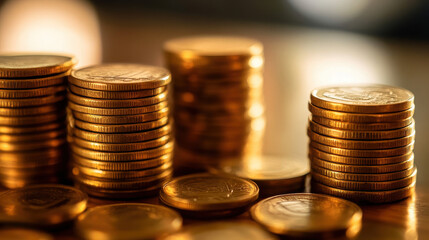 Stacks of gold coins arranged artistically on a wooden surface, reflecting light.