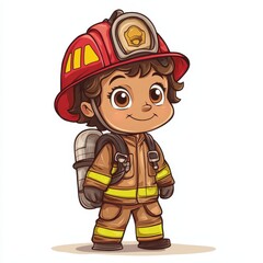 Cute Cartoon Child in Oversized Firefighter Helmet and Uniform