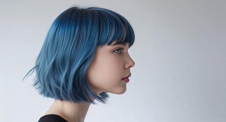 Naklejka premium Girl with short blue hair side view portrait on plain white background