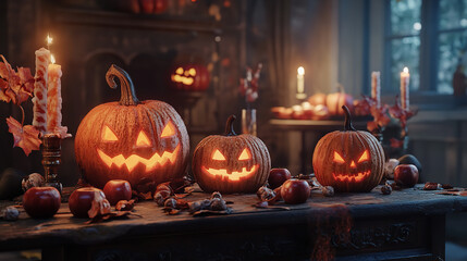 Obraz premium a Halloween treat table, featuring candy apples, spooky cupcakes, and bowls of assorted candies, all set against a backdrop of carved pumpkins and cobwebs