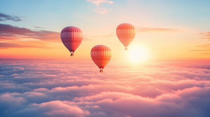 Fototapeta premium Three hot air balloons floating above the clouds during a colorful sunrise.
