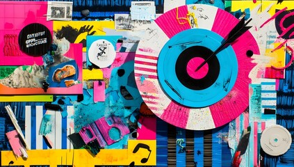 Colorful collage of music vinyl and paper art on a wall