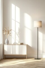 Sunny room, wooden floor, cabinet, lamp, pampas grass