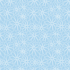 Floral Print with Outline White Flowers. Seamless Pattern with Chamomile Flowers on Light Blue Background. Summer Flowers. Sample can be used for Fabric, Cover, Mugs. Vector Illustration