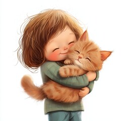 Cute Child Hugging Fluffy Kitten in Cartoon Style Illustration