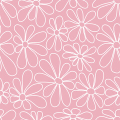 Floral Pattern with Big Outline White Flowers. Seamless Print with Chamomile Flowers on Pink Background. Summer Flowers. Sample can be used for Fabric, Cover, Mugs, Wrapping Paper. Vector Illustration