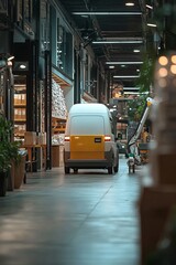 Fototapeta premium A self-driving mail vehicle arrives at a postal hub. Workers unload sorted packages and reload the vehicle for the next route